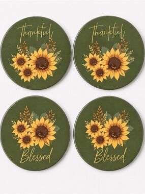 Sunflower Ceramic Coaster Set of 4 | Thankful &  Blessed 4.25" Round NEW